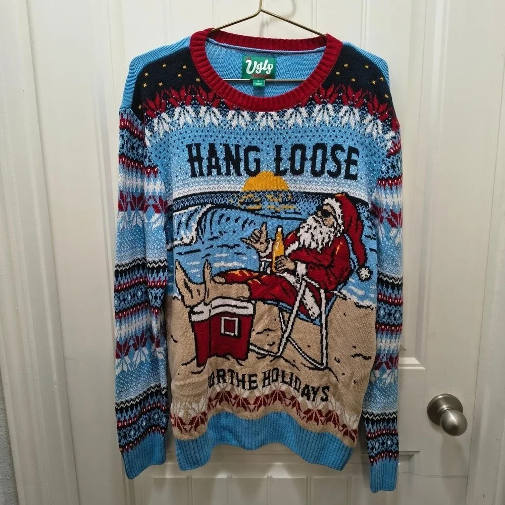 The Ugly Sweater Company blue and red Santa Claus Christmas sweater Size L